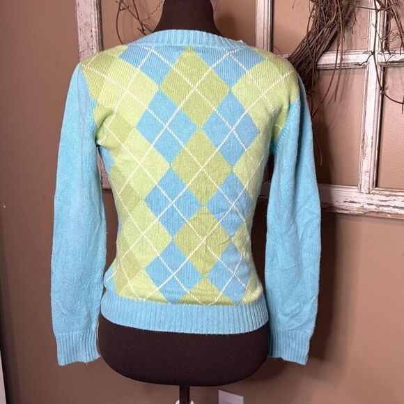 Lilly Pulitzer cashmere spandex argyle sweater size medium blue green small stai - Picture 5 of 9